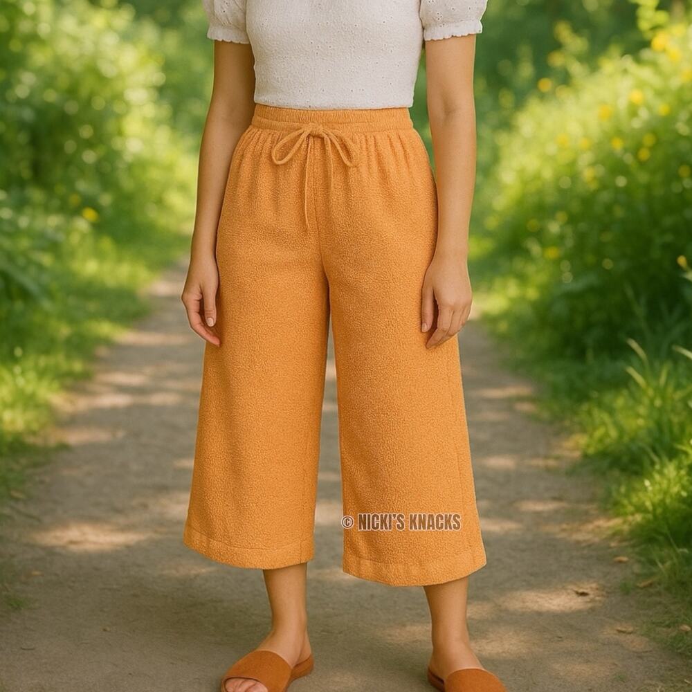 Blue Rain Peach Linen Blend Cropped Wide Leg Pants Drawstring Pockets Size XS